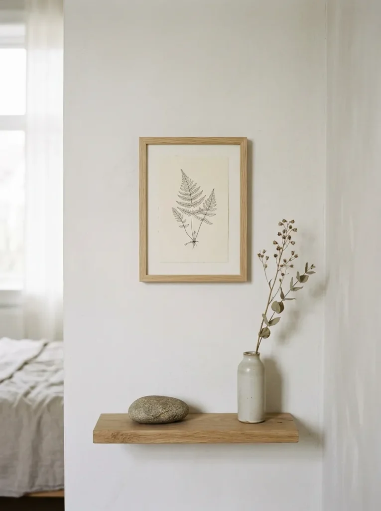 Framed botanical line-drawing print in a pale oak frame on a Scandinavian bedroom wall, with a small stone and dried stem vase on a shelf below