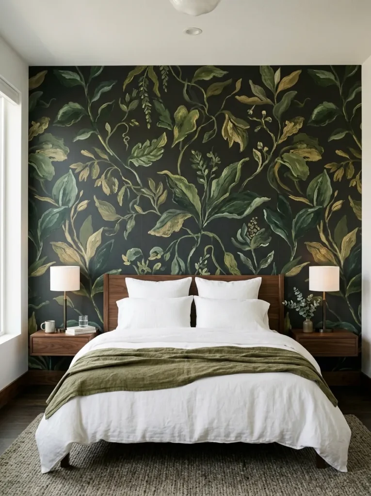 Large-scale botanical wallpaper in forest green and gold on a dark background behind a white linen bed with wood headboard