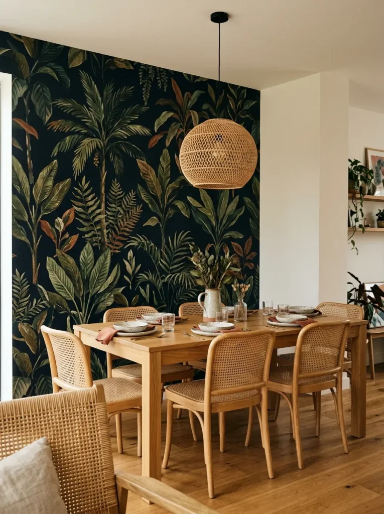 Dark botanical wallpaper on a single dining room wall with large tropical leaf illustrations, surrounded by plain white walls

