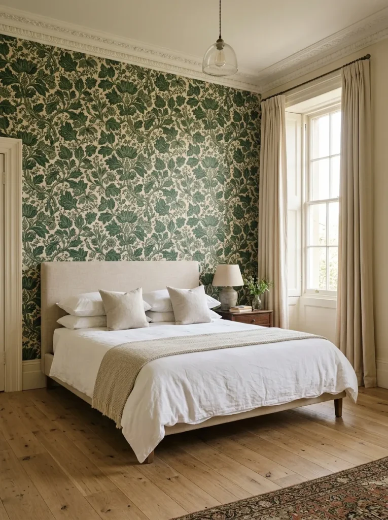 Large-repeat botanical wallpaper on the feature wall behind a bed in a vintage bedroom