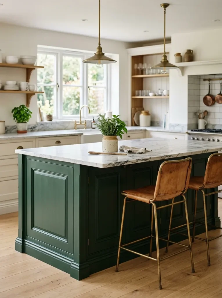 Bottle green painted kitchen island with Carrara marble top, aged brass pendants, and leather bar stools
