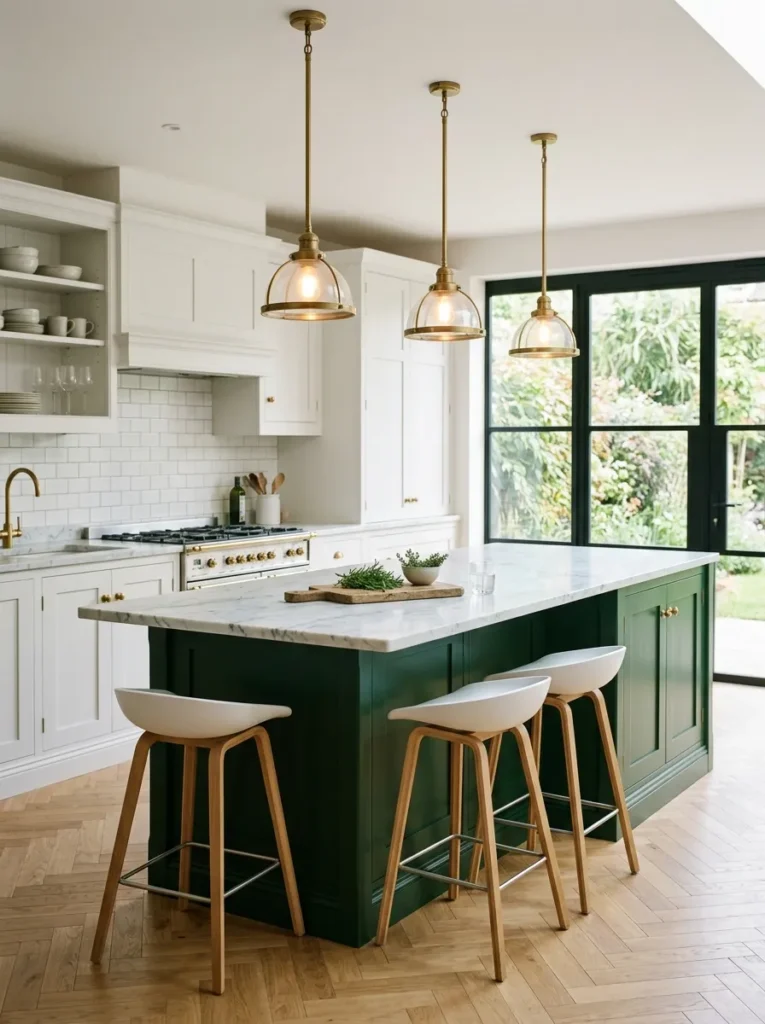 Bottle green painted kitchen island with marble top and brass pendants, surrounded by white perimeter cabinets
