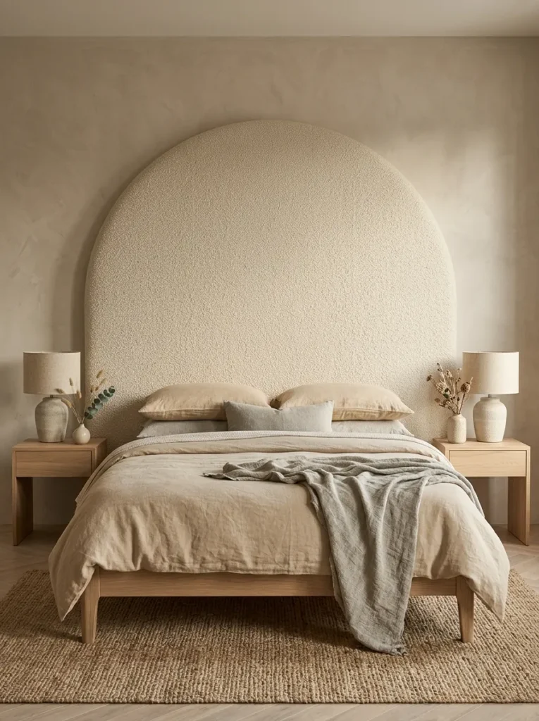  Oversized boucle upholstered headboard in warm cream in a textured earthy bedroom 