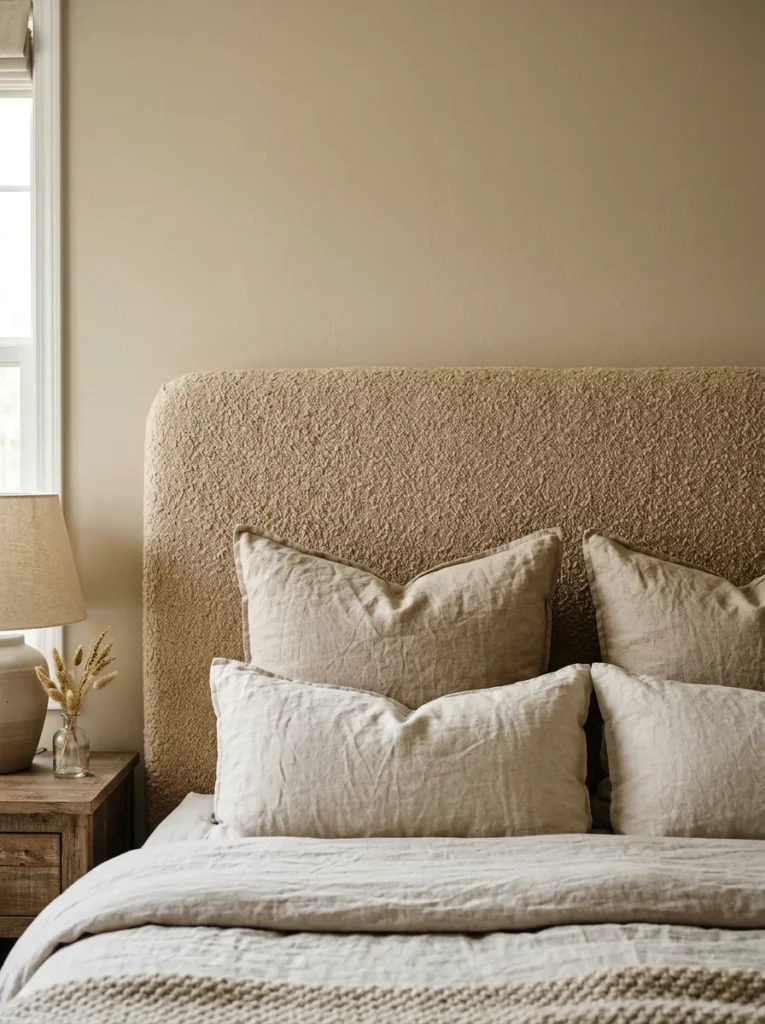 Wide boucle headboard in warm oatmeal tone set slightly deeper than the sandy beige wall behind it in a beige bedroom
