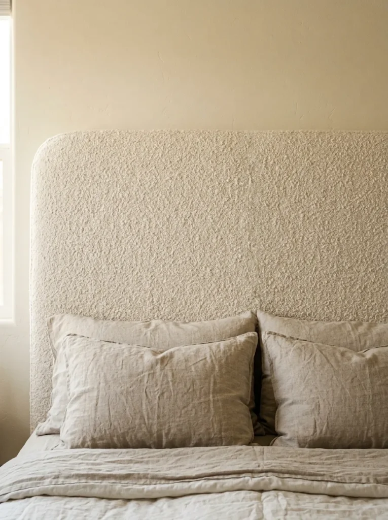 Close-up of a wide ivory boucle upholstered headboard with looped nubby texture in a contemporary bedroom
