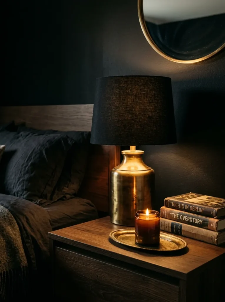 Brushed brass lamp and aged gold tray on a dark oak nightstand against a matte black bedroom wall
