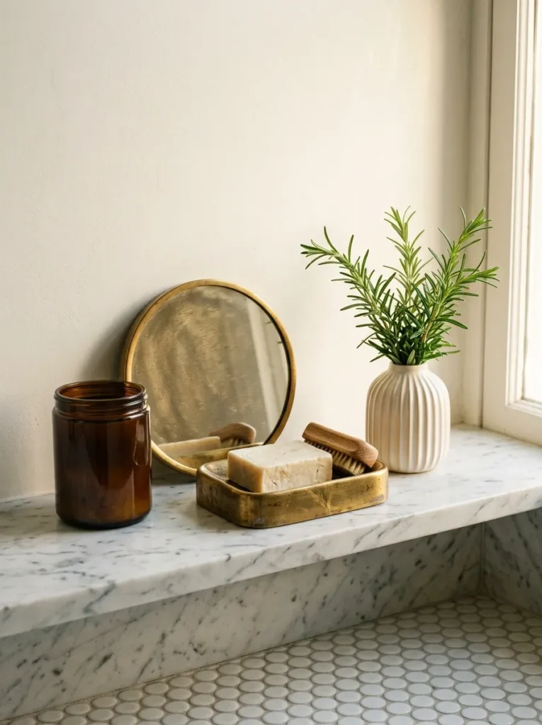 Brushed brass soap dish, small mirror, and amber jar on a white marble bathroom shelf with a rosemary sprig

