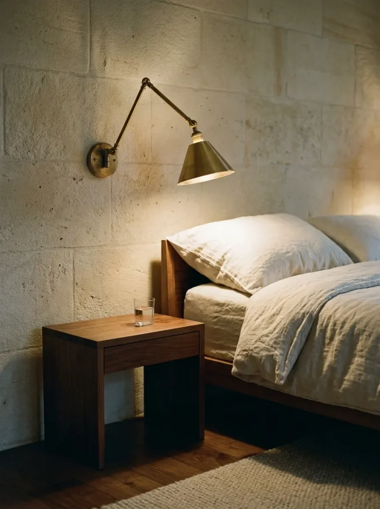 Brass swing-arm wall sconce angled toward a pillow above an empty nightstand surface, casting focused warm light in a pale stone-walled bedroom
