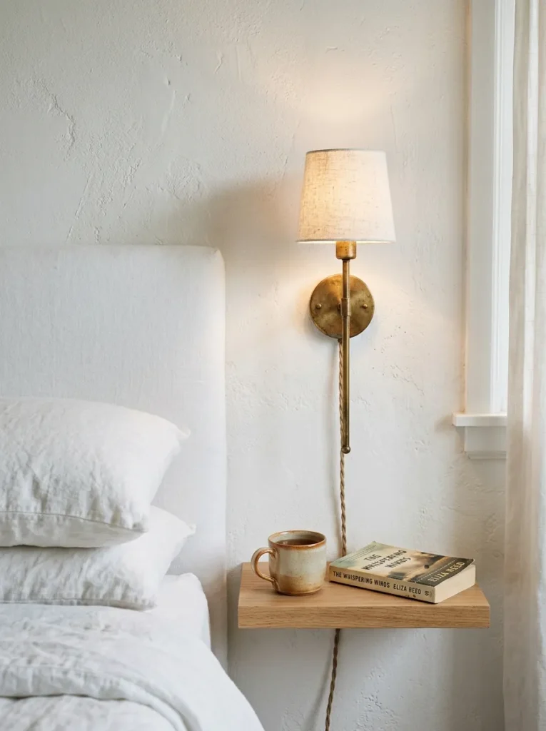 Aged brass wall sconce with linen shade mounted above a narrow floating oak bedside shelf holding only a mug and book, in a white textured-wall bedroom
