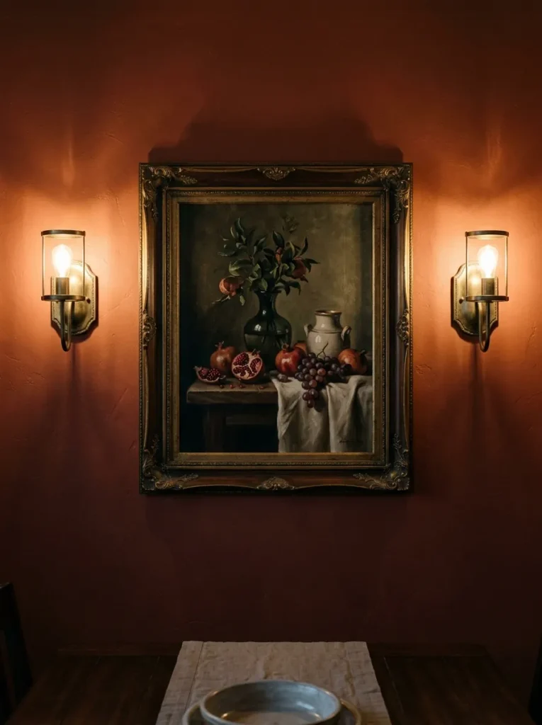 Two aged brass wall sconces flanking a still-life painting on a deep terracotta dining room wall
