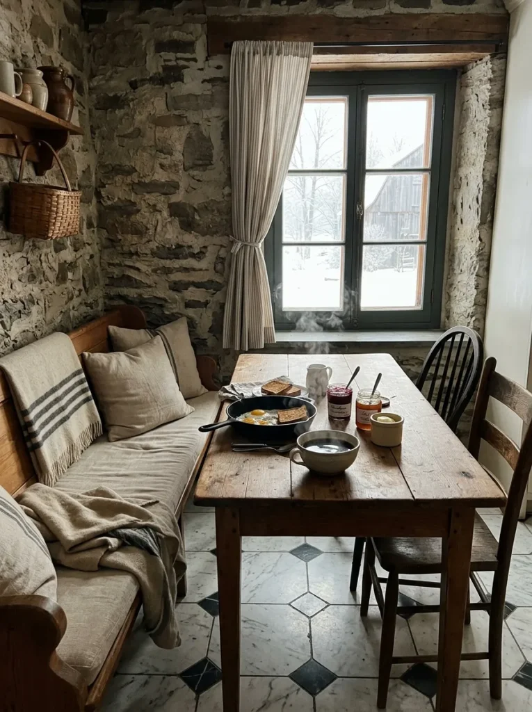 Built-in linen banquette with mismatched timber chairs around a reclaimed elm table in a Quebec farmhouse breakfast corner.