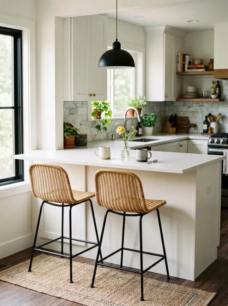 Kitchen peninsula breakfast bar with two rattan counter-height stools and a black pendant light above