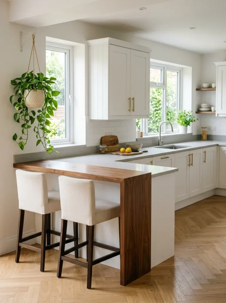 L-shaped kitchen arm transitioning into a raised walnut breakfast bar with cream stools tucked underneath
