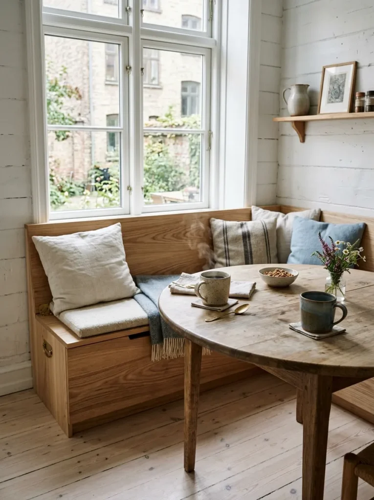 Built-in timber banquette with lift-top under-seat storage beside a round ash table in a Scandinavian farmhouse breakfast corner.