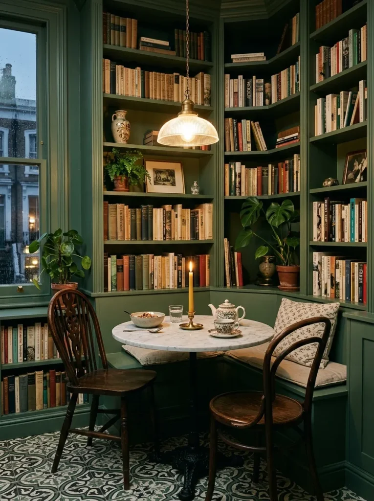 Built-in bookshelf surround enclosing a marble round table in a dark green Victorian breakfast corner in a Notting Hill terrace.