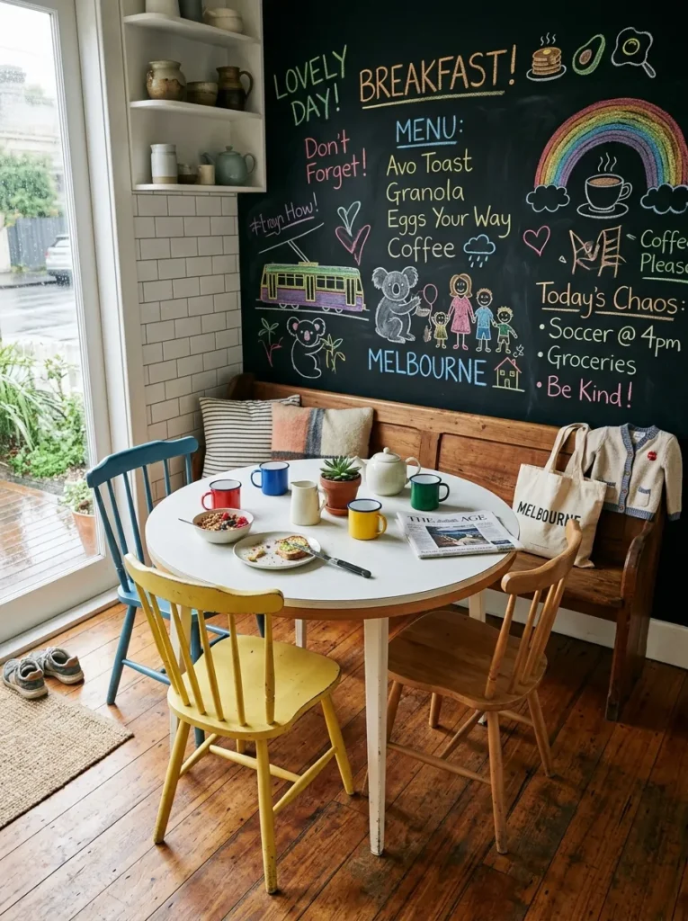 Floor-to-ceiling chalkboard wall behind a timber bench and round Formica table in a family Melbourne breakfast corner.