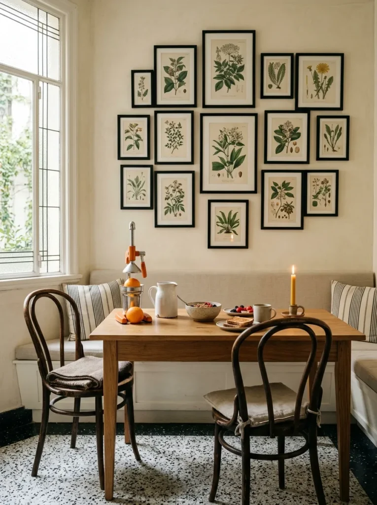 Tightly arranged black-framed botanical gallery wall above a breakfast bench and solid oak table in an Art Deco Buenos Aires apartment.