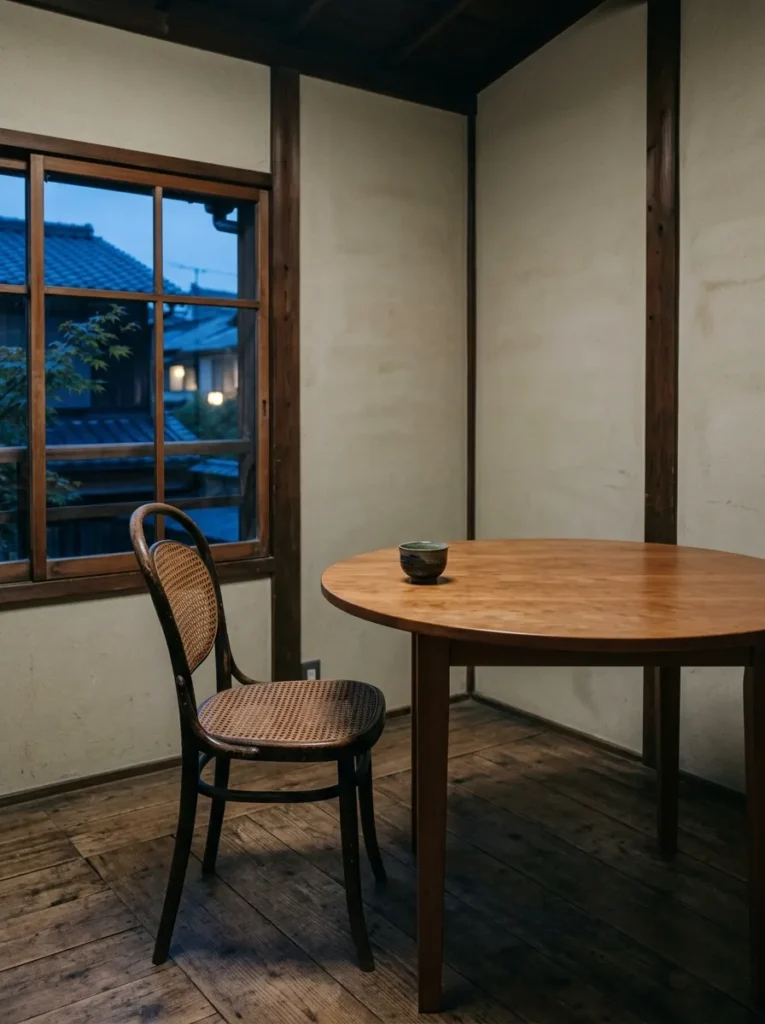 Round solid cherry wood table with two bentwood chairs by a bare window in a Kyoto machiya townhouse minimalist breakfast corner.