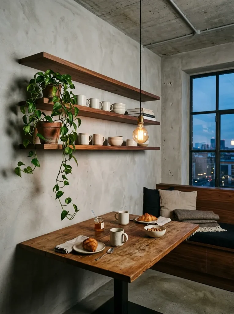 Floating oiled walnut open shelves above a built-in breakfast bench beside an aged teak table in a Berlin industrial loft apartment.