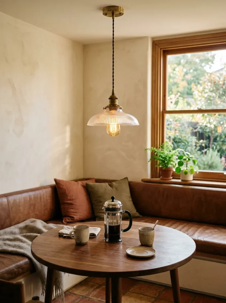 Unlacquered brass café-style pendant light hung above a round solid walnut table in a Melbourne terrace house morning corner.