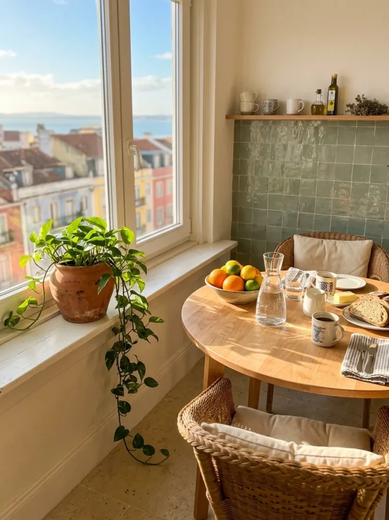 Trailing pothos in a terracotta pot beside a round solid maple breakfast table with Zellige tile splashback in a Lisbon apartment.
