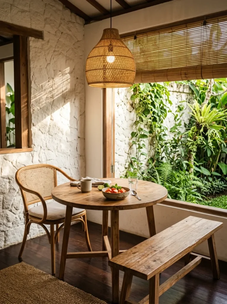 Woven rattan pendant above a round solid teak table with a rattan-back chair in a colonial Balinese breakfast corner.