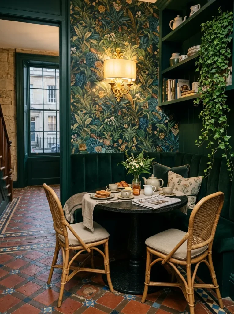 Bold botanical wallpaper feature wall behind a deep green velvet banquette and honed granite table in a Regency Bath breakfast corner.