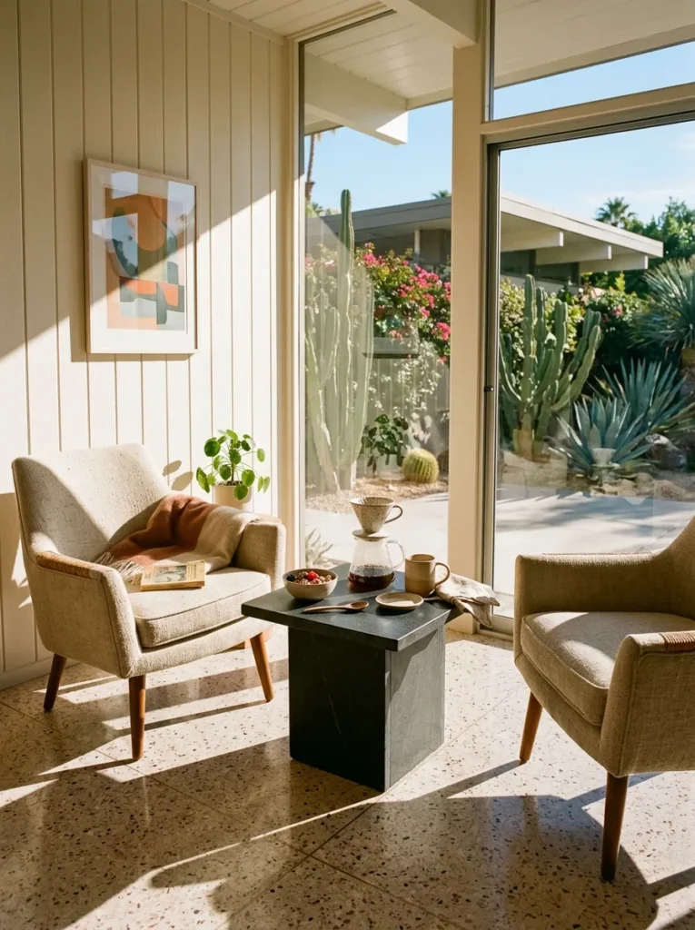 Low upholstered oatmeal linen chairs around a honed basalt table in a mid-century modern Palm Springs breakfast nook with terrazzo floor.