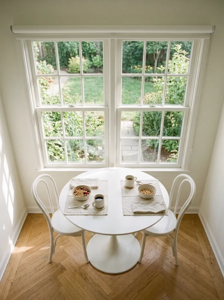 Round white table with two chairs positioned directly in front of a double-hung window with morning light