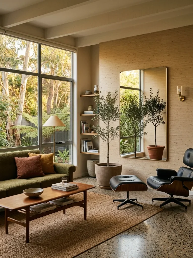 Unframed brass-edged mirror doubling afternoon light in a mid-century Melbourne living room.

