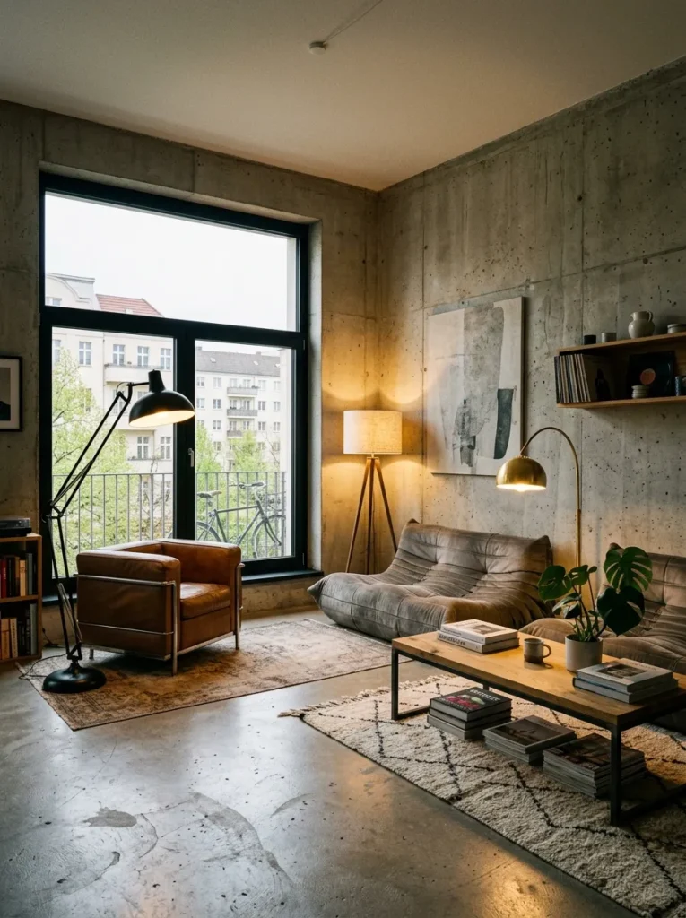 Three floor lamps at varying heights casting warm light pools in a Berlin brutalist-style living room.


