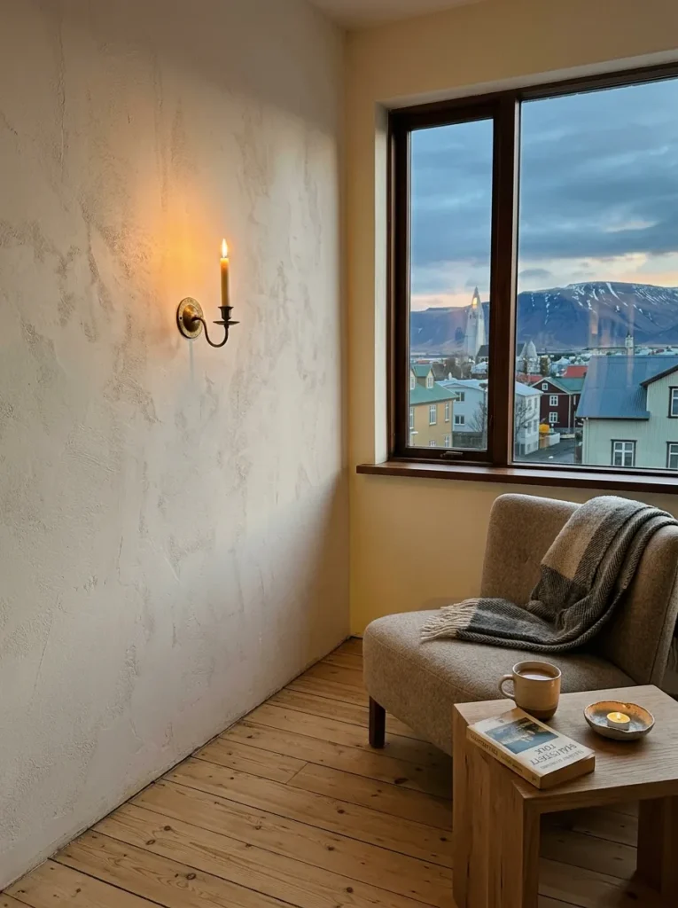 Warm off-white plaster walls glowing under candlelight in a minimalist Reykjavik living room.

