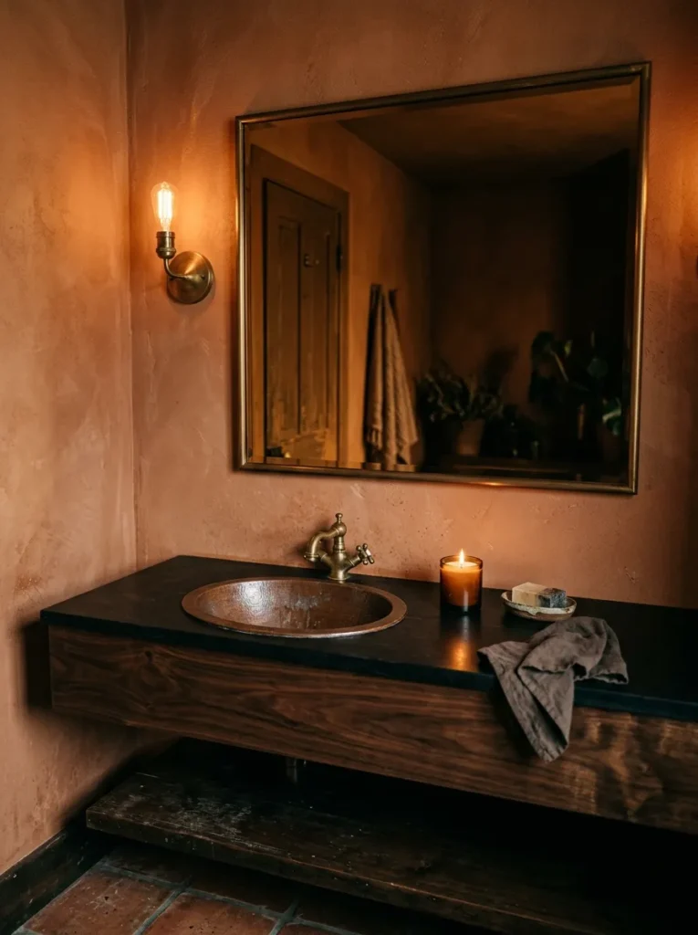 Rectangular bronze-tinted mirror glass in an aged bronze frame on a terracotta wall above a walnut vanity with a copper sink
