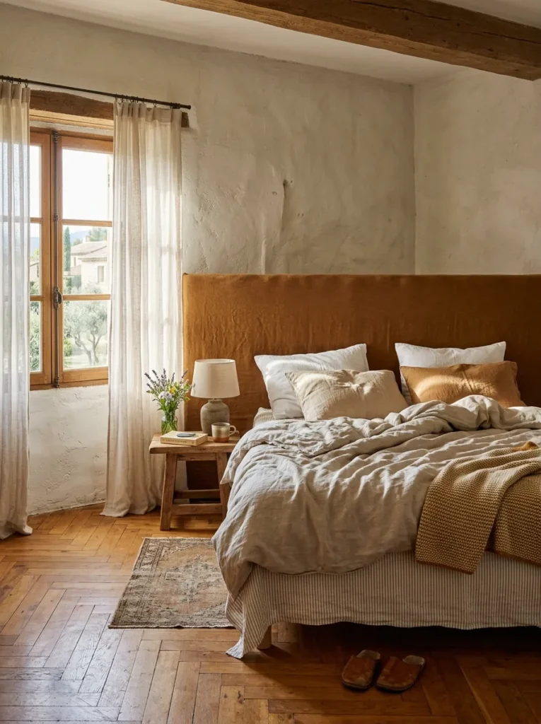 Wide caramel linen headboard spanning a full bedroom wall above herringbone oak parquet floors.