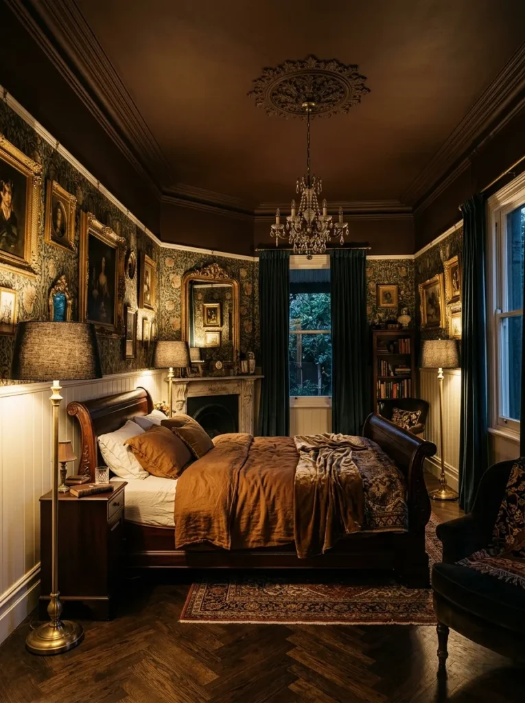 Deep chocolate brown matte ceiling above an ivory-panelled Victorian bedroom with cognac linen bedding.