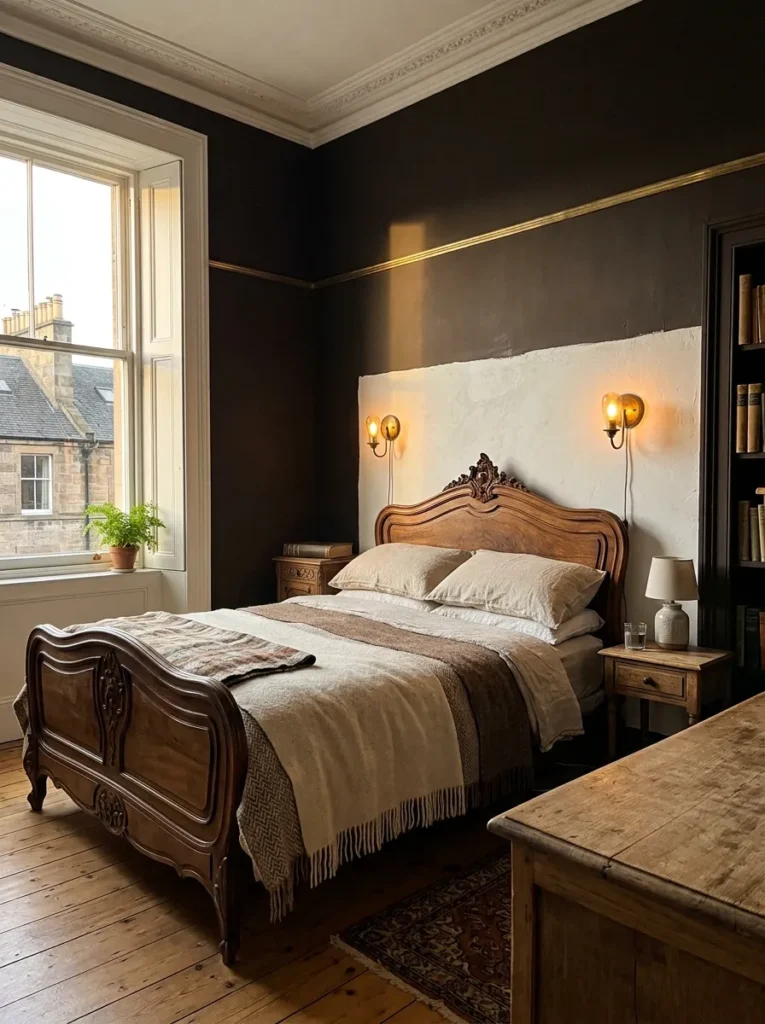 Dark espresso bedroom walls with unlacquered brass sconces in a warm, sophisticated brown bedroom.
