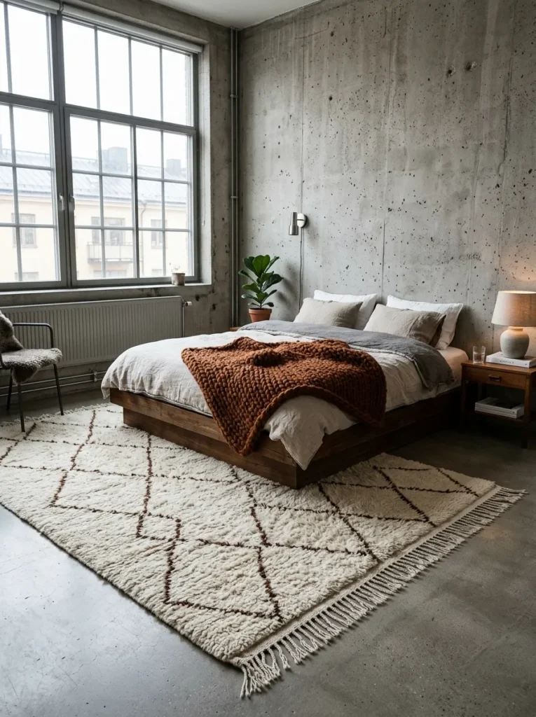 Handwoven beni ourain rug anchoring a low teak platform bed in a brutalist concrete bedroom.