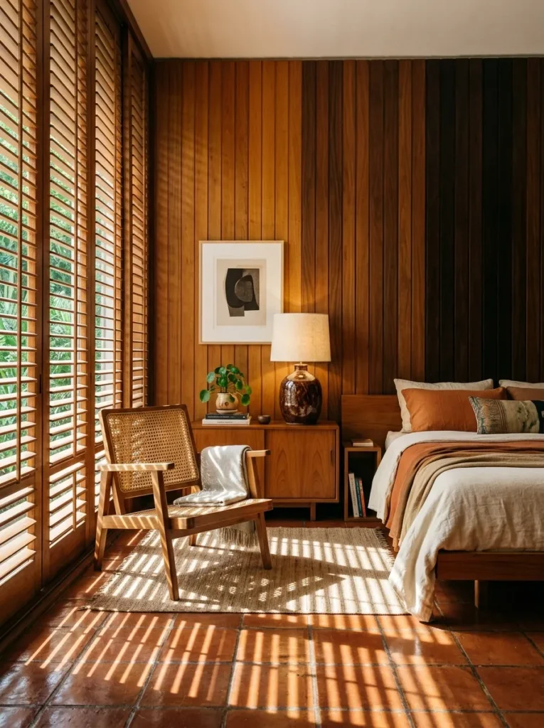 Layered honey, walnut, and espresso teak wall panels in a mid-century brown bedroom design.