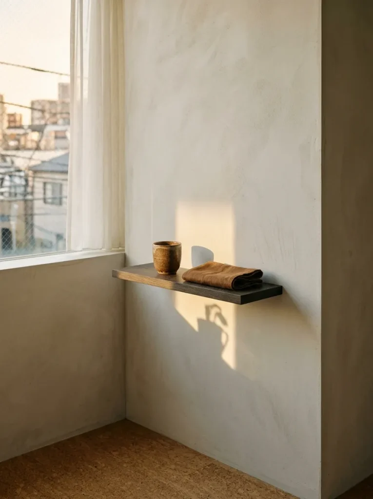 Smoked oak floating shelf with a clay cup and tobacco linen cloth in a minimal Tokyo studio bedroom.