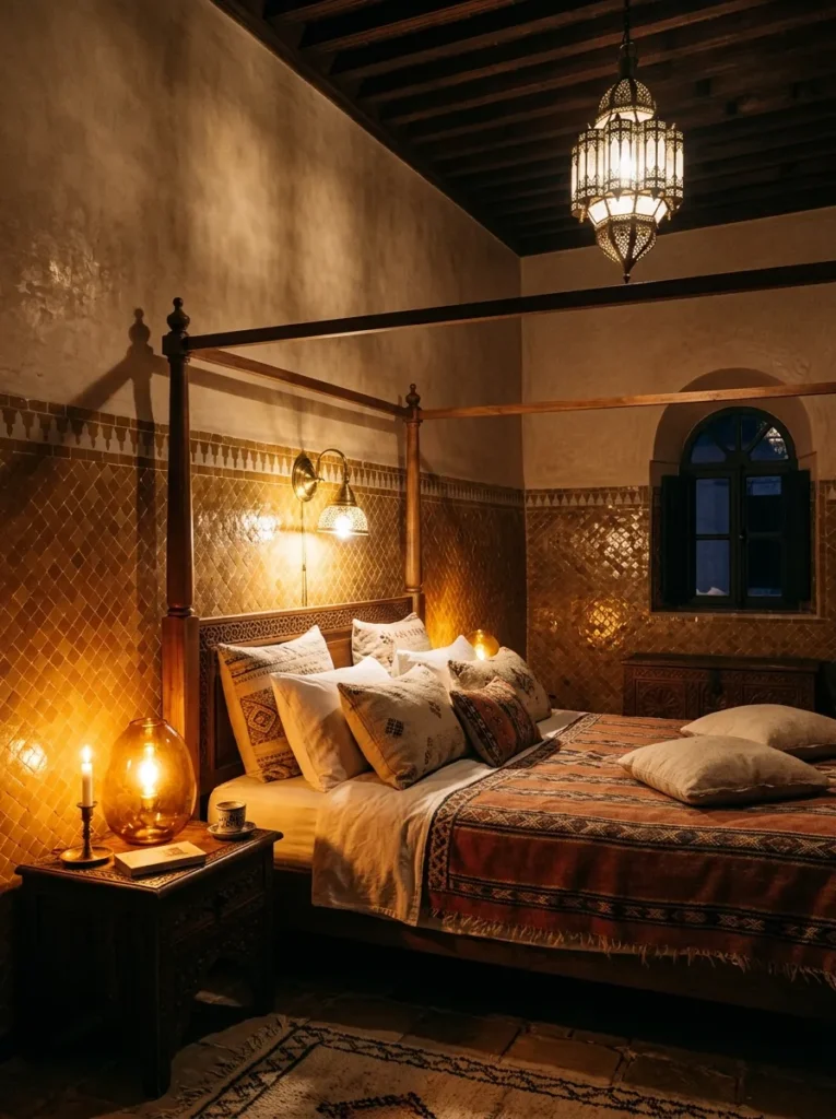 Layered brass lantern, amber glass lamp, and wall sconce lighting in a Moroccan-inspired brown bedroom.