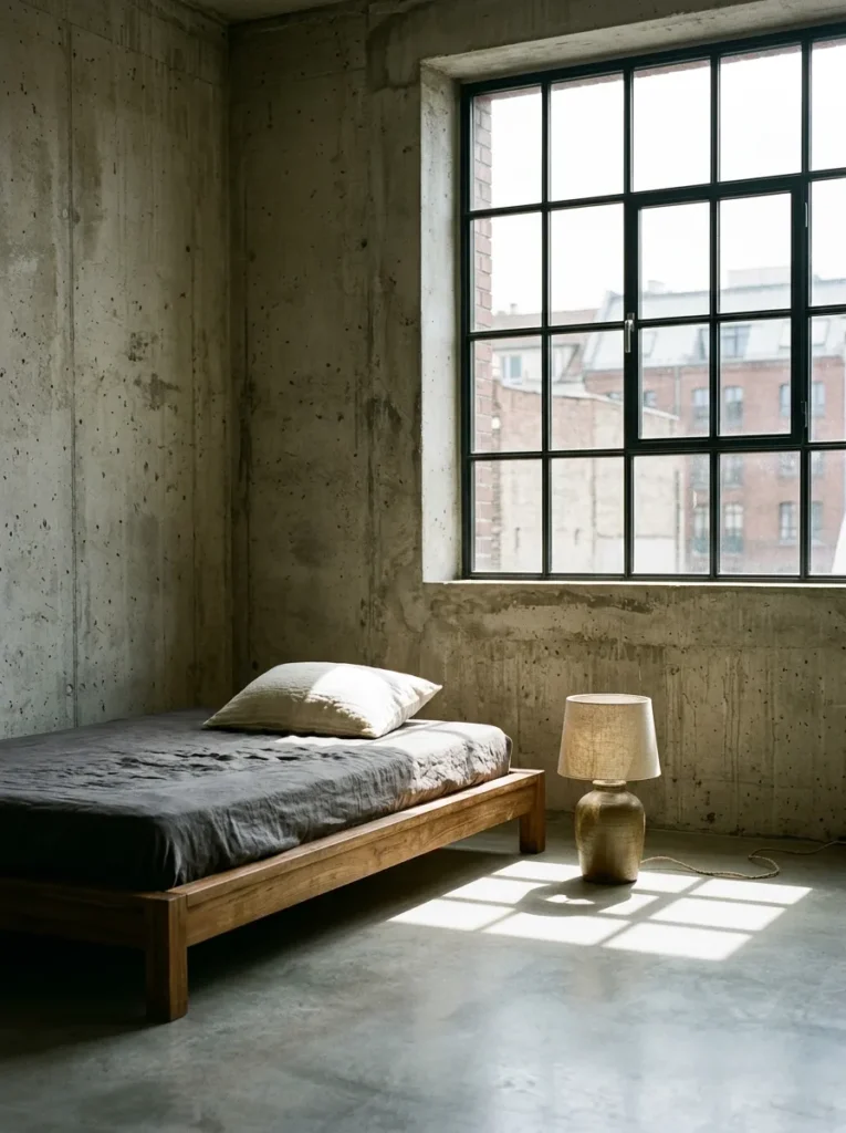 Stripped-back bedroom with aged teak bed, concrete floors, and a single ceramic lamp in Berlin loft.