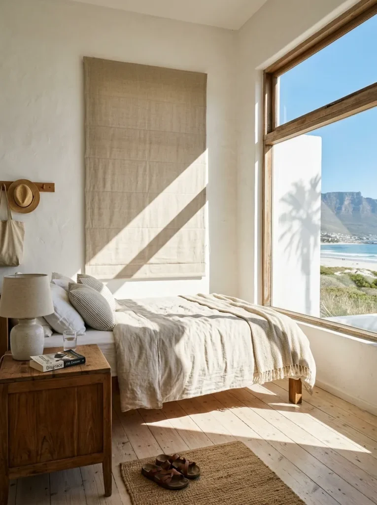 Midday light flooding a minimal beach house brown bedroom with aged teak furniture and pale pine floors.