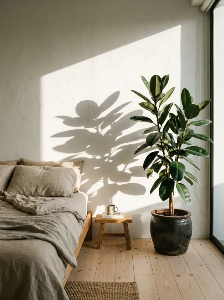Large rubber plant with dark glossy leaves casting dramatic shadows in a warm Japandi bedroom corner.