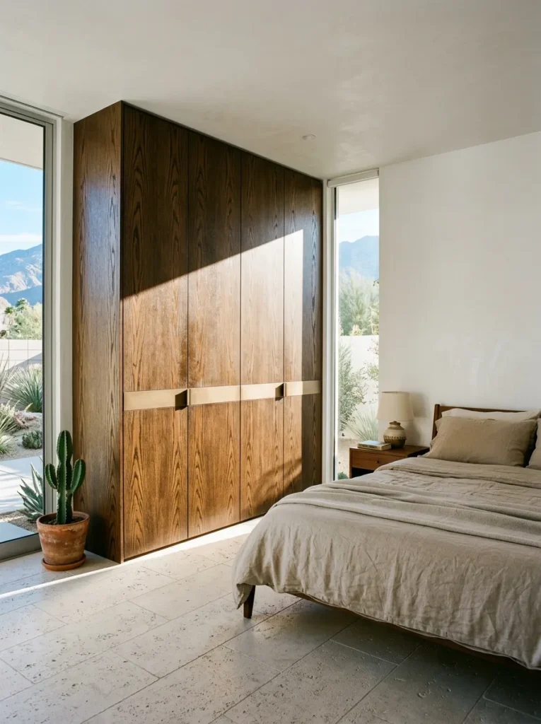Full-wall smoked oak wardrobe with matte bronze handles in a mid-century Californian brown bedroom.