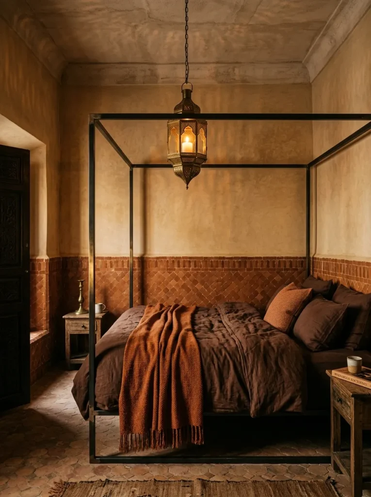 Terracotta zellige tile border with a dark chocolate linen bed in a warm Moroccan-inspired bedroom.