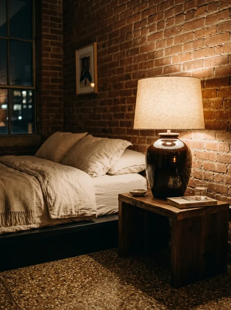 Deep umber-glazed hand-thrown stoneware lamp on a walnut nightstand in an evening-lit loft bedroom.