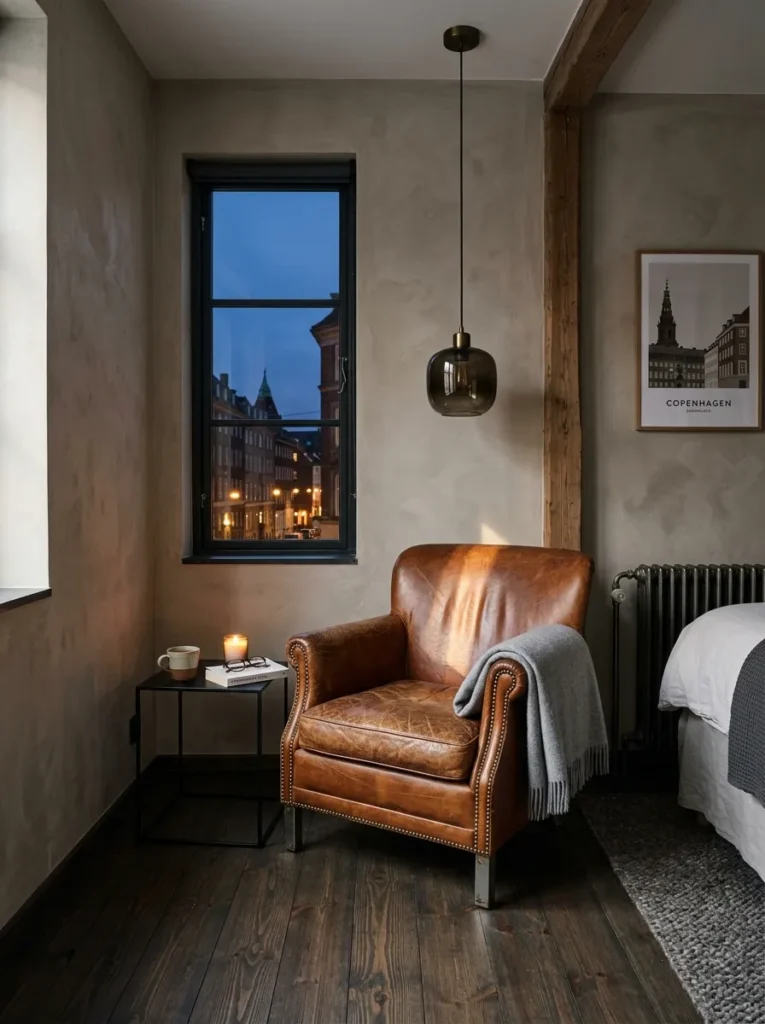 Vintage cognac leather armchair in a corner of a warm Scandi-industrial bedroom at blue-hour dusk.