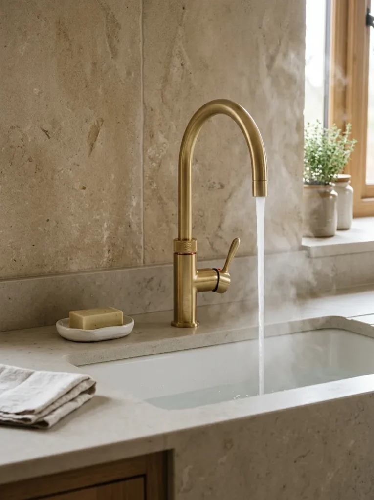 Brushed brass boiling water tap over a wide white ceramic undermount sink, warm stone tile splashback, steam from hot water flow