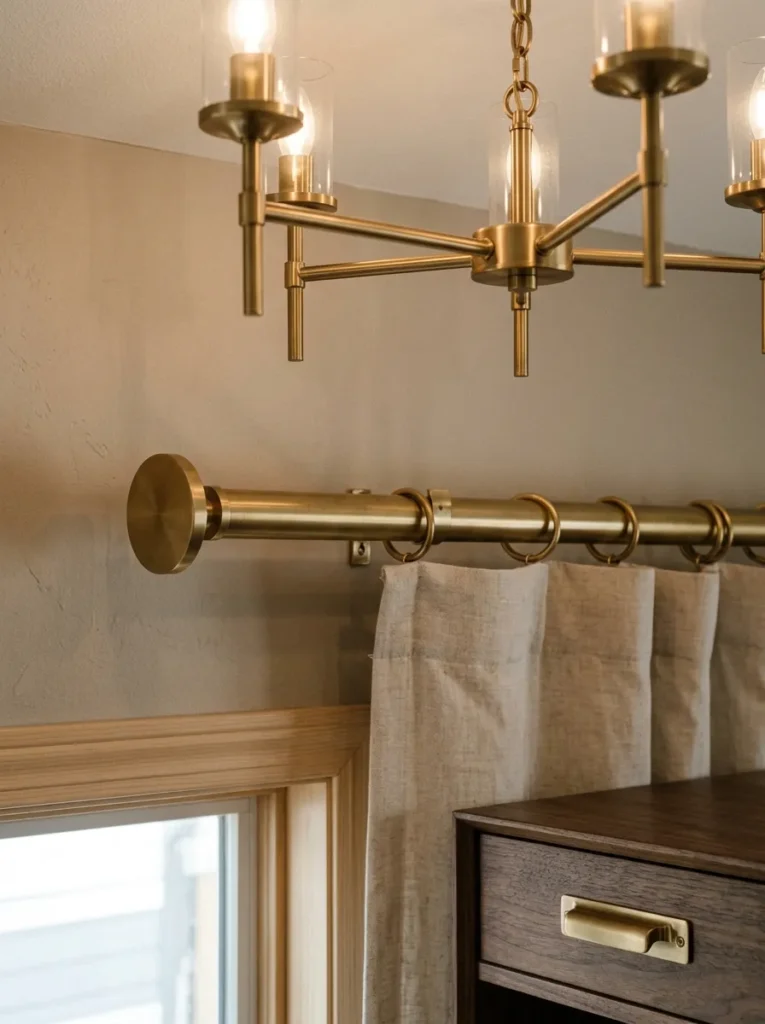Brushed brass curtain rod with disc finials matching a brass chandelier above and brass cabinet hardware in a dining room
