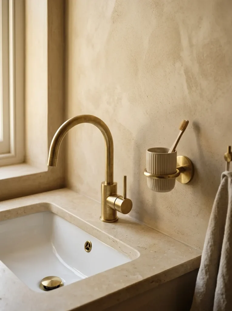 Wall-mounted brushed brass basin tap against sandy limewash plaster wall, cream stone countertop with ceramic undermount basin
